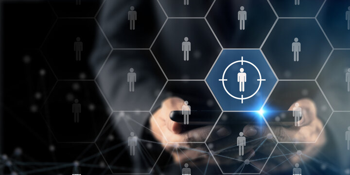 Target customer, buyer persona, marketing segmentation, job recruitment concept. Personalization marketing, customer centric strategies. Showing on smart screen focusing on outstanding person.