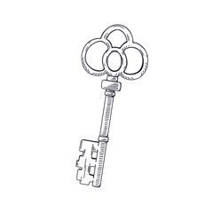 Old ornated forged door key, etched outlined drawing in vintage style. Retro engraved antique victorian medieval item with ornament. Hand-drawn vector illustration isolated on white background