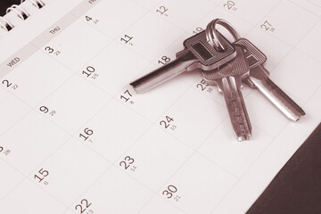Bunch of keys on calendar background. 