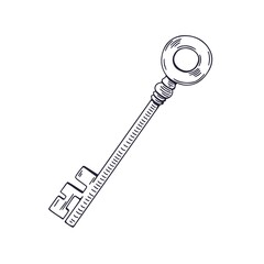 Outlined etched woodcut drawing of long door key drawn in vintage retro style. Contoured etched black and white locking item. Isolated detailed monochrome handdrawn sketchy vector illustration