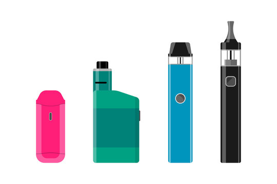 Electronic cigarette set. Colorful vape pen hipster equipments for smoking. E-cigarette collection for vaping. Different vaporizers for vaping shop advertising. Vector flat eps illustration