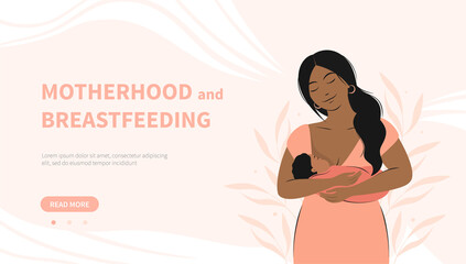 Banner about breastfeeding and motherhood. Dark skinned woman  feeding baby. World Breastfeeding Week. Vector illustration.