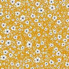 Simple vintage pattern. white flowers , leaves and dots . Orange background. Fashionable print for textiles and wallpaper.