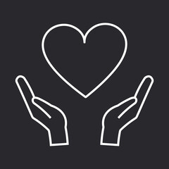 Obraz premium The heart is drawn with a white outline on a black background in the hands of people. Support and love. 