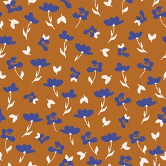 Fototapeta na wymiar Simple vintage pattern. blue flowers and white leaves. Brown background. Fashionable print for textiles and wallpaper.