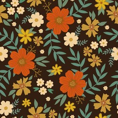 Fototapeta na wymiar Simple vintage pattern. Orange and yellow flowers, green leaves. Brown background. Fashionable print for textiles and wallpaper.