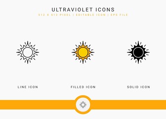 Ultraviolet icons set vector illustration with solid icon line style. Sunscreen protection concept. Editable stroke icon on isolated white background for web design, user interface, and mobile app