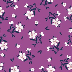 Simple vintage pattern. white flowers and blue leaves. purple background. Fashionable print for textiles, wallpaper and packaging.