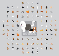 One Hundred Dogs Cartoon Vector Illustration Set