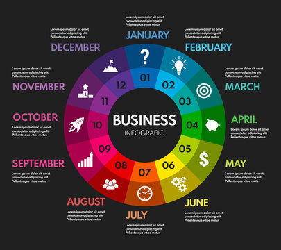 12 months round timeline business infographic template, dark background