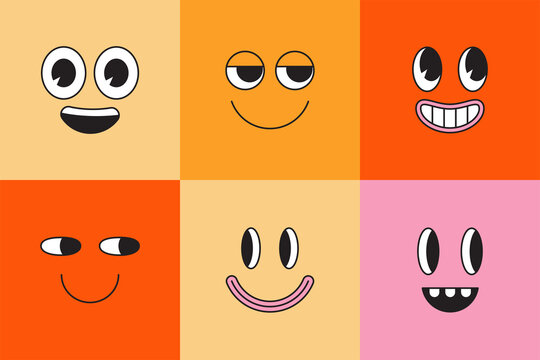 Vector illustration in simple linear style - design templates and stickers - hippie, happy and groovy smiley characters