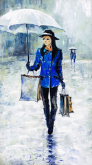 oil painting of a girl walking down the street in winter