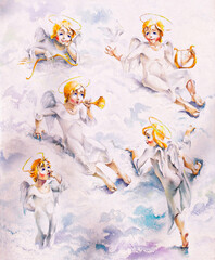 angels in the sky in different poses, oil painting