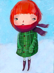 oil painting of a little girl in a coat in winter - 511453912