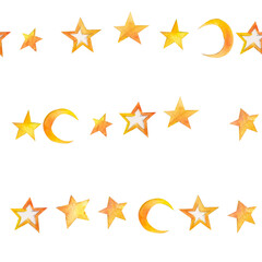 Seamless watercolor texture stars and moon yellow orange
