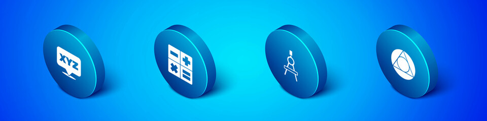 Set Isometric XYZ Coordinate system, Drawing compass, Triangle math and Calculator icon. Vector