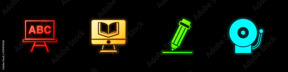 Poster set chalkboard, online class, pencil with eraser and ringing alarm bell icon. vector