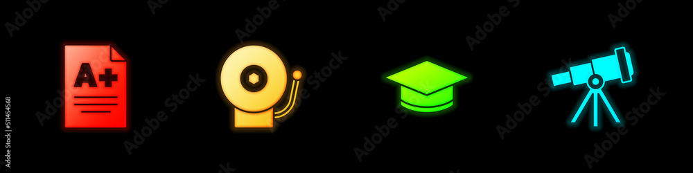 Poster Set Exam sheet with A plus grade, Ringing alarm bell, Graduation cap and Telescope icon. Vector