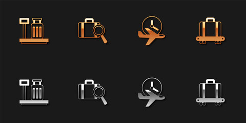 Set Scale with suitcase, Lost baggage, Flight time and Conveyor belt icon. Vector