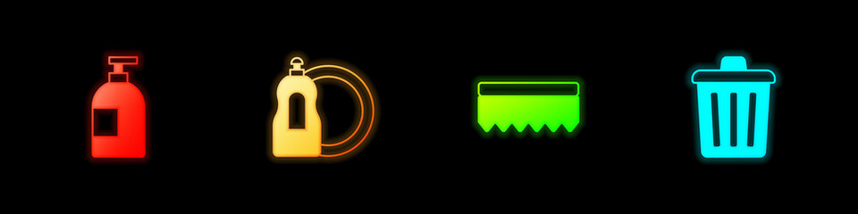 Set Dishwashing liquid bottle, , Sponge and Trash can icon. Vector