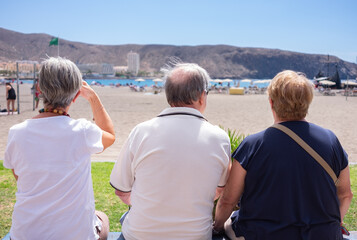 Back view of group of three caucasian senior people on holiday sitting looking at the beach together