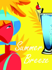 bright poster illustration with a stylized girl in a blue panama and a glass of cold drink and the inscription Summer breeze. For advertising, posters, design, creativity, decoration, etc.