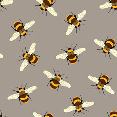 Seamless pattern with bees on color background. Small wasp. Vector illustration. Adorable cartoon character. Design for invitation, cards, textile, fabric. Doodle style