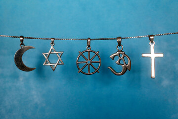 Symbols of islam, judaism, buddhism, hinduism and christianity. 22.03.2018