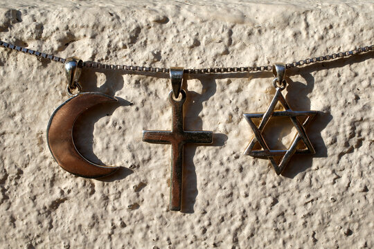 Symbols of islam, christianity and judaism. 22.03.2018