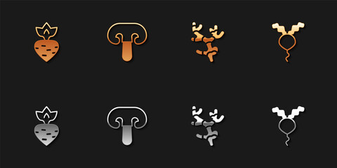Set Turnip, Mushroom, Ginger root and Radish icon. Vector
