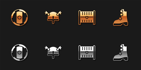 Set Shield viking, Viking horned helmet, Antique treasure chest and Ancient boots icon. Vector