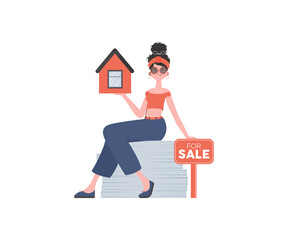 The girl sits on a stack of documents and holds the house in her hands. Selling a house or real estate. Isolated. Vector illustration.