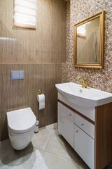 Interior of stylish bathroom room in modern house with white toilet bowl and wash basin.