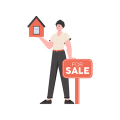The man holds the house in his hands. The concept of selling a house. Isolated. Vector illustration.