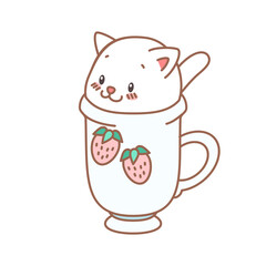 Cute kitten in a cup. Cartoon illustration of a little kitten sitting in the cup isolated on a white background. Vector 10 EPS.