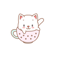 Cute kitten in a cup. Cartoon illustration of a little kitten sitting in the cup isolated on a white background. Vector 10 EPS.