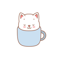 Cute kitten in a cup. Cartoon illustration of a little kitten sitting in the cup isolated on a white background. Vector 10 EPS.