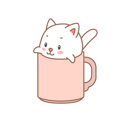 Cute kitten in a cup. Cartoon illustration of a little kitten sitting in the cup isolated on a white background. Vector 10 EPS.