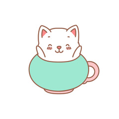 Cute kitten in a cup. Cartoon illustration of a little kitten sitting in the cup isolated on a white background. Vector 10 EPS.