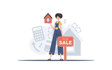 A girl with a for sale sign holds a small house in her hands. Real estate sale concept. trendy style. Vector illustration.