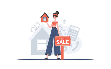 A girl with a for sale sign holds a small house in her hands. Selling a house or real estate. trendy style. Vector illustration.