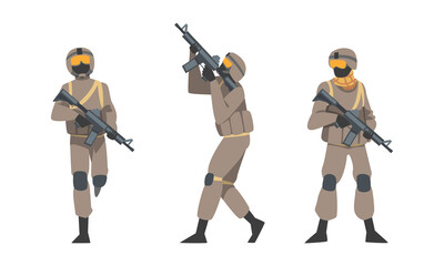 Man as Military Special Armed Force in Uniform and Rifle Vector Illustration Set
