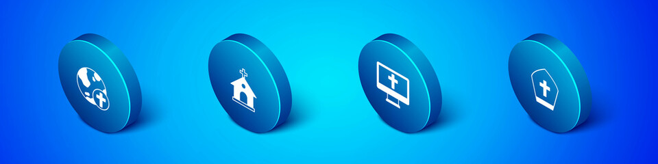 Set Isometric Christian cross with globe, on monitor, Pope hat and Church building icon. Vector