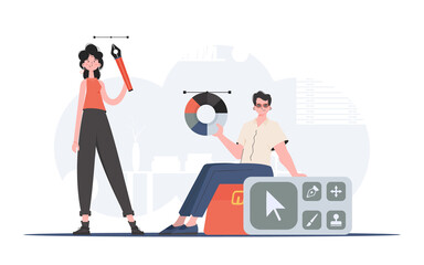 A woman stands in full growth holding a pen tool with a seated man next to her. Design. Element for presentation.