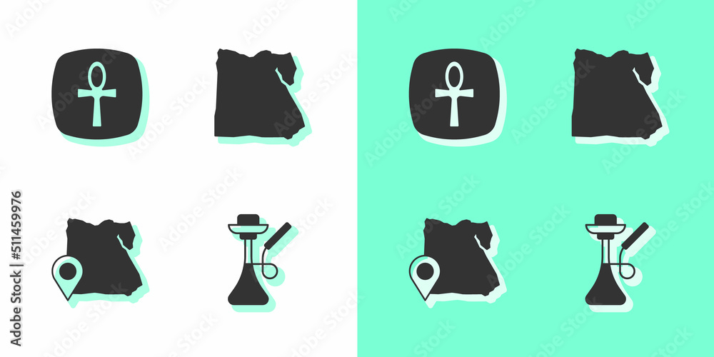 Sticker Set Hookah, Cross ankh, Map of Egypt and icon. Vector