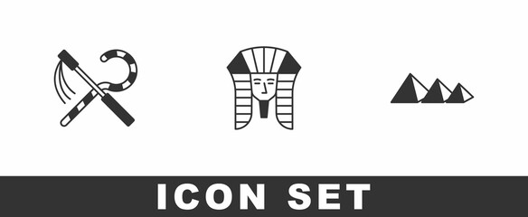 Set Crook and flail, Egyptian pharaoh and pyramids icon. Vector