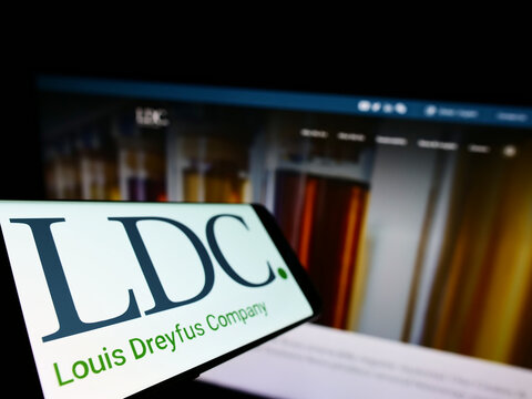 Stuttgart, Germany - 06-12-2022: Mobile phone with logo of Louis Dreyfus Company B.V. (LDC) on screen in front of business website. Focus on left of phone display.