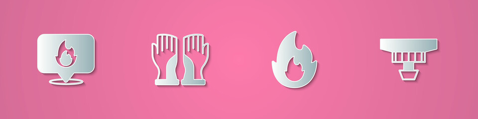 Set paper cut Location with fire flame, Firefighter gloves, and Smoke alarm system icon. Paper art style. Vector