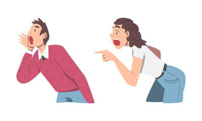 Man and Woman Character Holding Hand Near Mouth Shouting or Screaming Loud Vector Set