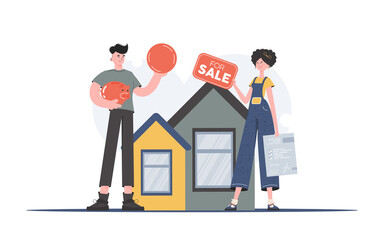 The guy is buying a house. Realtor with tabular for sale and document. The concept of buying real estate or an apartment. Trend vector illustration.